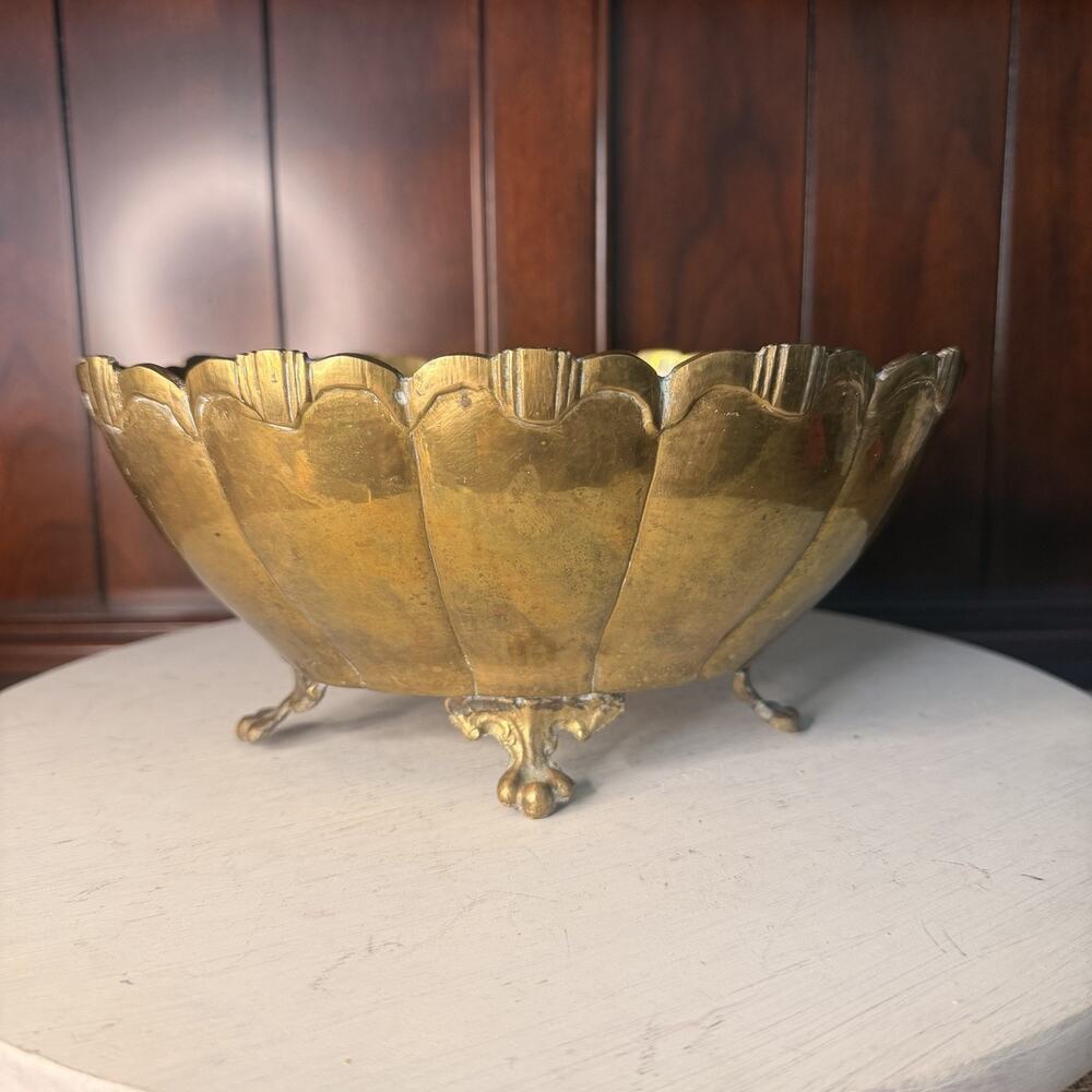 Vtg Ornate Footed Brass Oval Bowl Planter Cachepot MCM Hollywood Regency Style